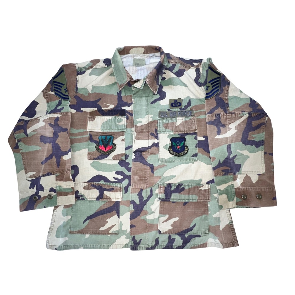 VTG USAF BDU Field Jacket Woodland Camo Patches Military Tactical Coat Large‎